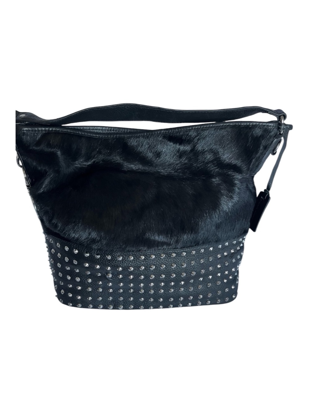 Aqua Madonna Calf Hair Stud Detail Black Leather Hobo Bag Purse - Picture 3 of 10